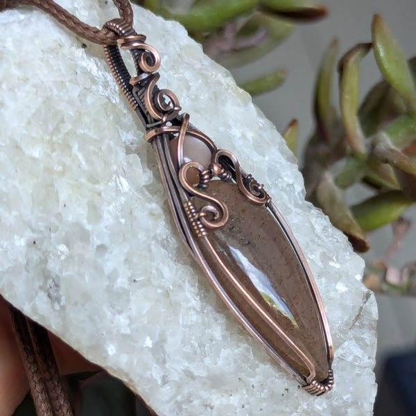 Sunstone & Peach Moonstone Wire Wrapped Oxidized Copper Vase Pendant