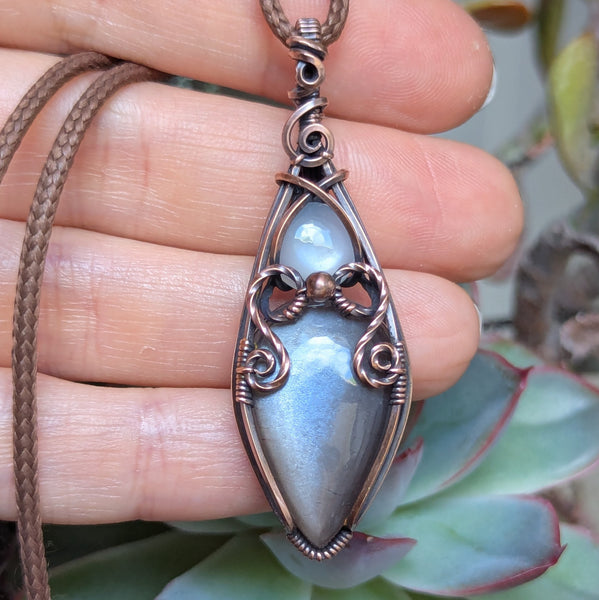 Grey Moonstone & Silky Moonstone Wire Wrapped Oxidized Copper Vase Pendant