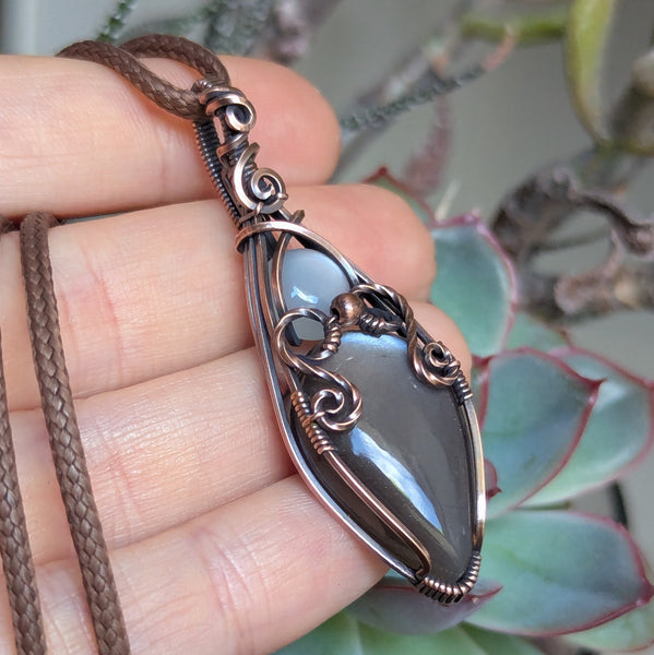 Grey Moonstone & Silky Moonstone Wire Wrapped Oxidized Copper Vase Pendant