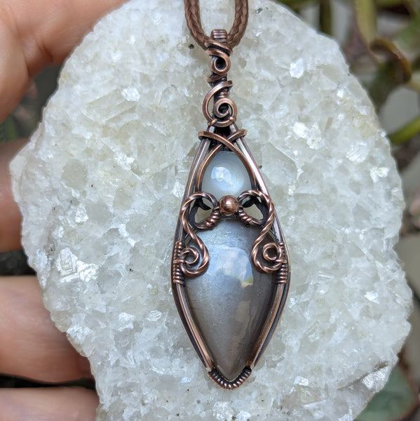 Grey Moonstone & Silky Moonstone Wire Wrapped Oxidized Copper Vase Pendant