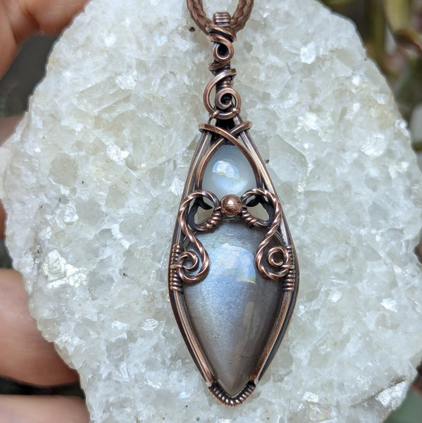 Grey Moonstone & Silky Moonstone Wire Wrapped Oxidized Copper Vase Pendant