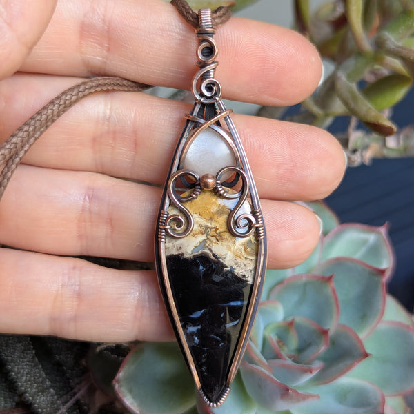Palm Root & Peach Moonstone Wire Wrapped Oxidized Copper Vase Pendant