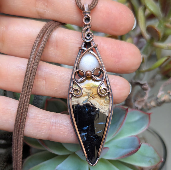 Palm Root & Peach Moonstone Wire Wrapped Oxidized Copper Vase Pendant