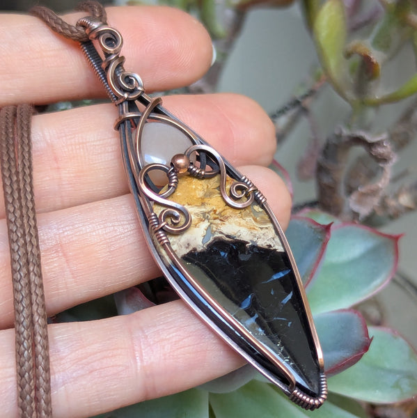 Palm Root & Peach Moonstone Wire Wrapped Oxidized Copper Vase Pendant