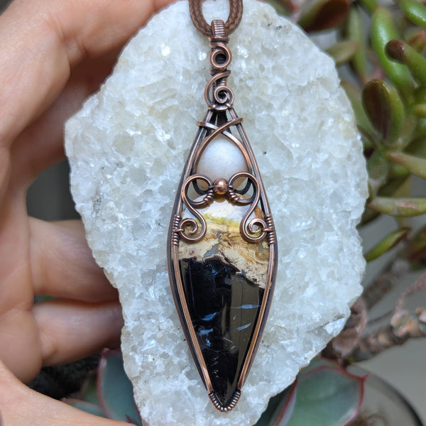 Palm Root & Peach Moonstone Wire Wrapped Oxidized Copper Vase Pendant