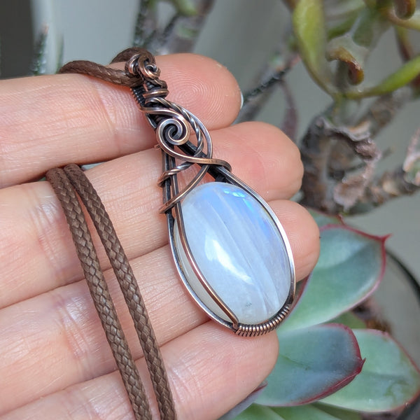 Rainbow Moonstone Wire Wrapped Oxidized Copper Pendant