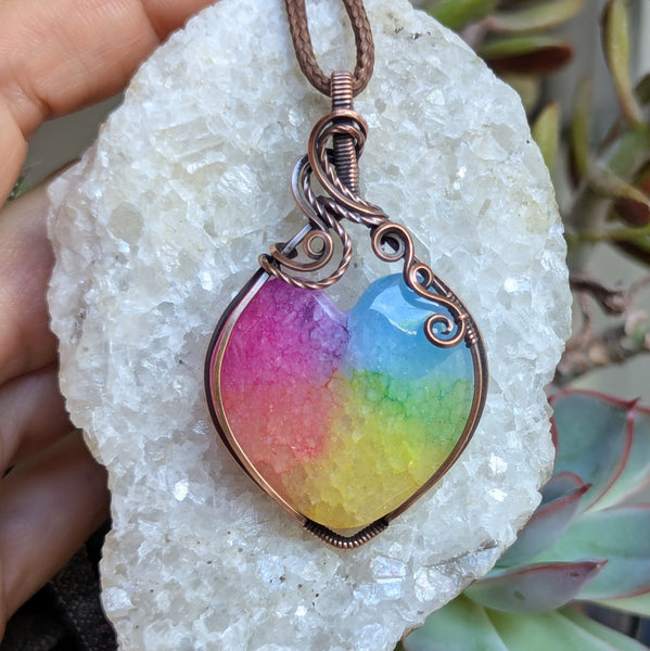 Rainbow Quartz Wire Wrapped Oxidized Copper Pendant