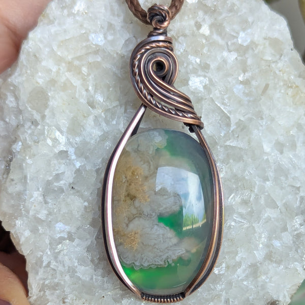 Plume Agate Doublet Wire Wrapped Oxidized Copper Pendant