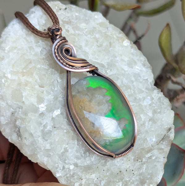Plume Agate Doublet Wire Wrapped Oxidized Copper Pendant