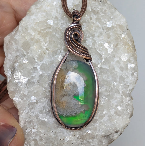 Plume Agate Doublet Wire Wrapped Oxidized Copper Pendant
