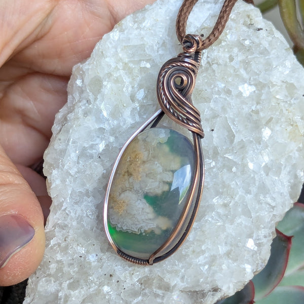 Plume Agate Doublet Wire Wrapped Oxidized Copper Pendant