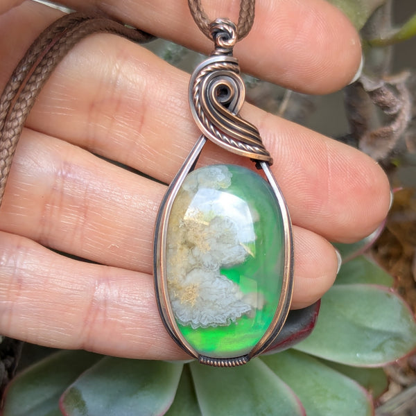 Plume Agate Doublet Wire Wrapped Oxidized Copper Pendant
