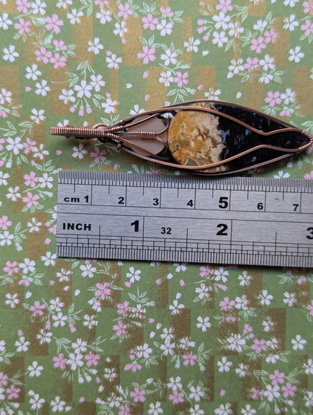 Palm Root & Peach Moonstone Wire Wrapped Oxidized Copper Vase Pendant