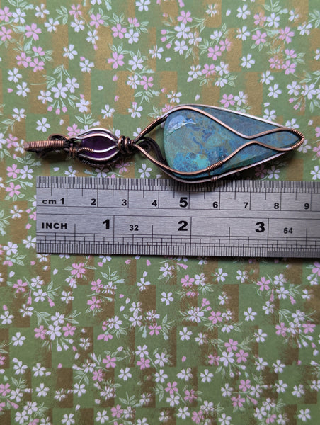Azurite-Chrysocolla & Amethyst Wire Wrapped Oxidized Copper Pendant