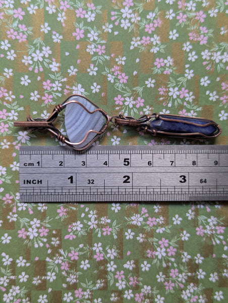 Blue Lace Chalcedony & Sodalite Wire Wrapped Oxidized Copper Dangle Pendant