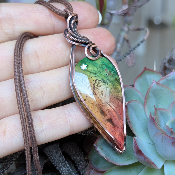 Dyed Rainbow Palm Root Wire Wrapped Pendant in Oxidized Copper