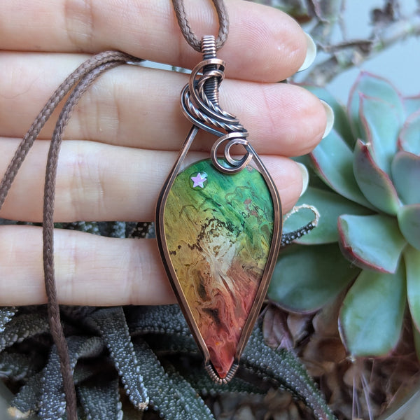 Dyed Rainbow Palm Root Wire Wrapped Pendant in Oxidized Copper