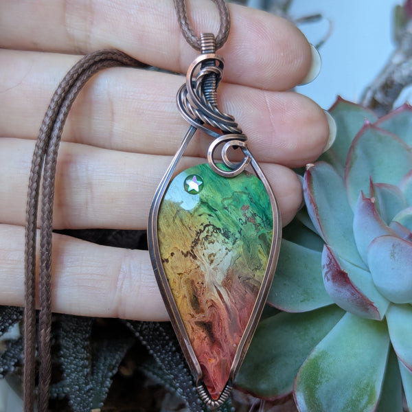 Dyed Rainbow Palm Root Wire Wrapped Pendant in Oxidized Copper