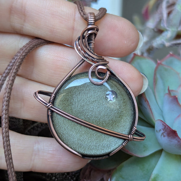 Golden Sheen Obsidian Wire Wrapped Planet Pendant in Oxidized Copper