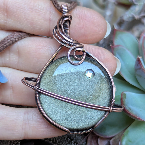 Golden Sheen Obsidian Wire Wrapped Planet Pendant in Oxidized Copper