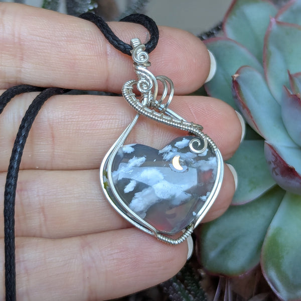 Plume Agate Doublet Heart Wire Wrapped Pendant in Sterling Silver