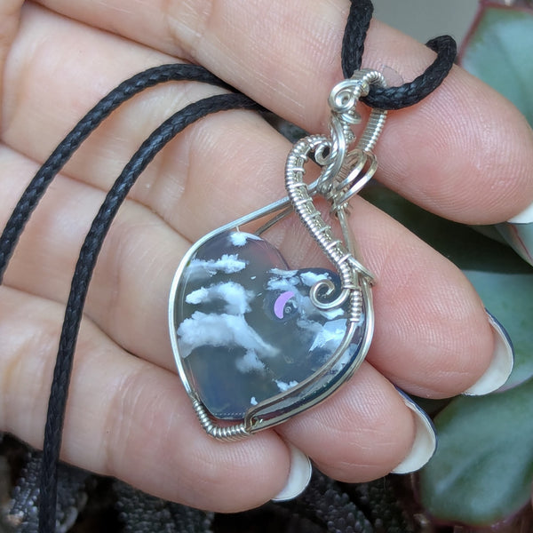 Plume Agate Doublet Heart Wire Wrapped Pendant in Sterling Silver