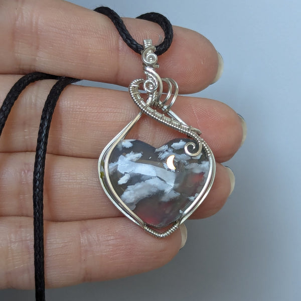 Plume Agate Doublet Heart Wire Wrapped Pendant in Sterling Silver