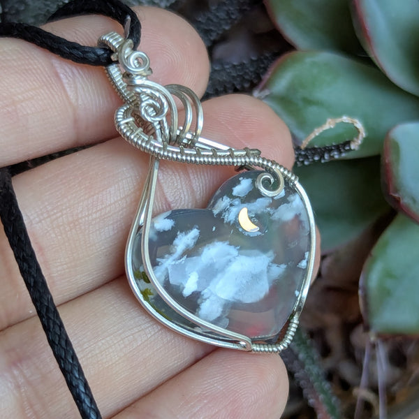 Plume Agate Doublet Heart Wire Wrapped Pendant in Sterling Silver