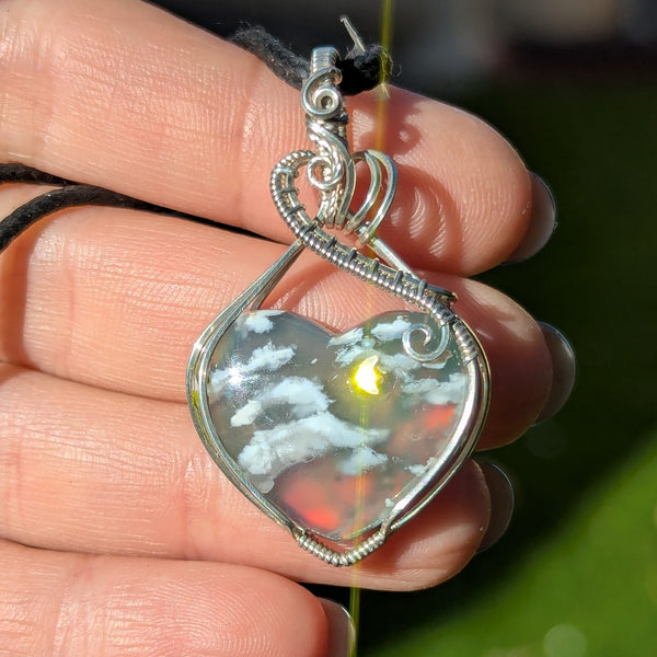 Plume Agate Doublet Heart Wire Wrapped Pendant in Sterling Silver