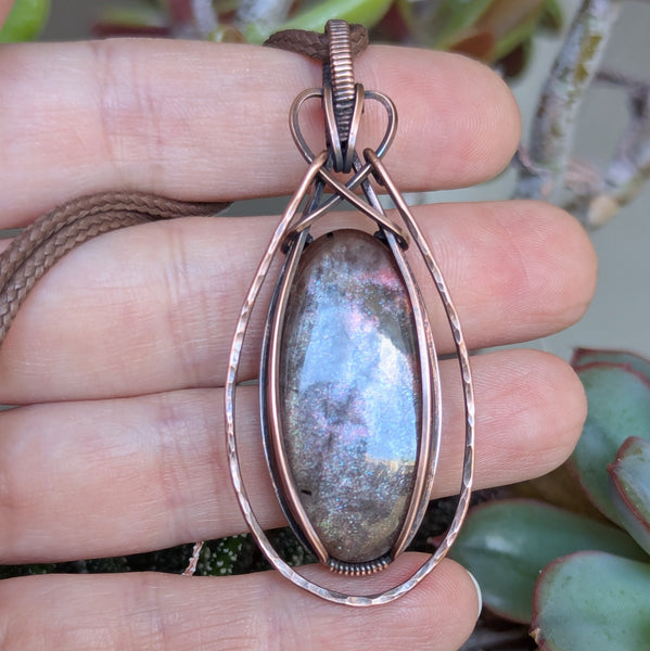 Red Sunstone Wire Wrapped Pendant in Oxidized Copper