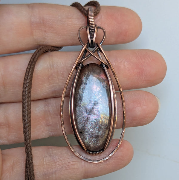 Red Sunstone Wire Wrapped Pendant in Oxidized Copper