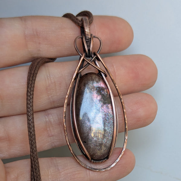 Red Sunstone Wire Wrapped Pendant in Oxidized Copper