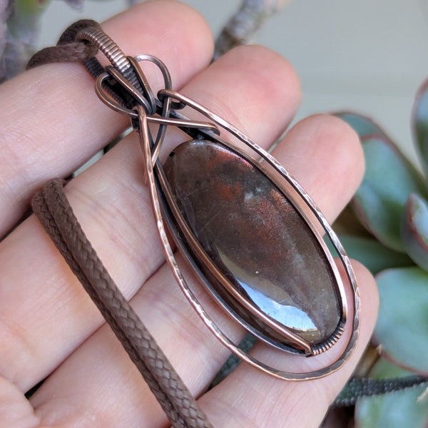 Red Sunstone Wire Wrapped Pendant in Oxidized Copper