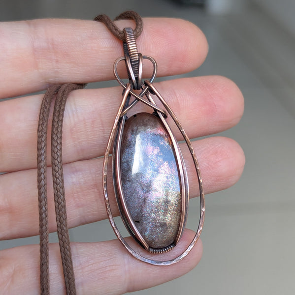 Red Sunstone Wire Wrapped Pendant in Oxidized Copper