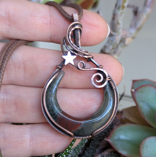 Bloodstone Crescent Moon Wire Wrapped Oxidized Copper Pendant