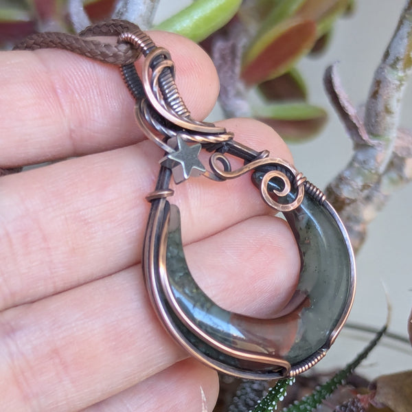 Bloodstone Crescent Moon Wire Wrapped Oxidized Copper Pendant