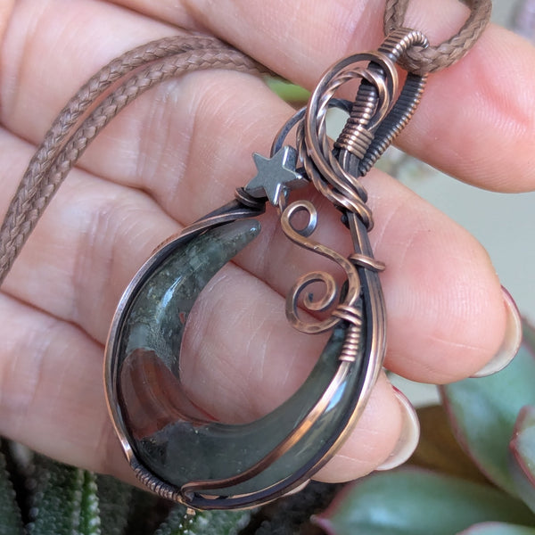 Bloodstone Crescent Moon Wire Wrapped Oxidized Copper Pendant