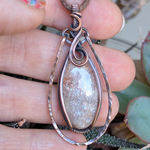 Confetti Sunstone Wire Wrapped Pendant in Oxidized Copper