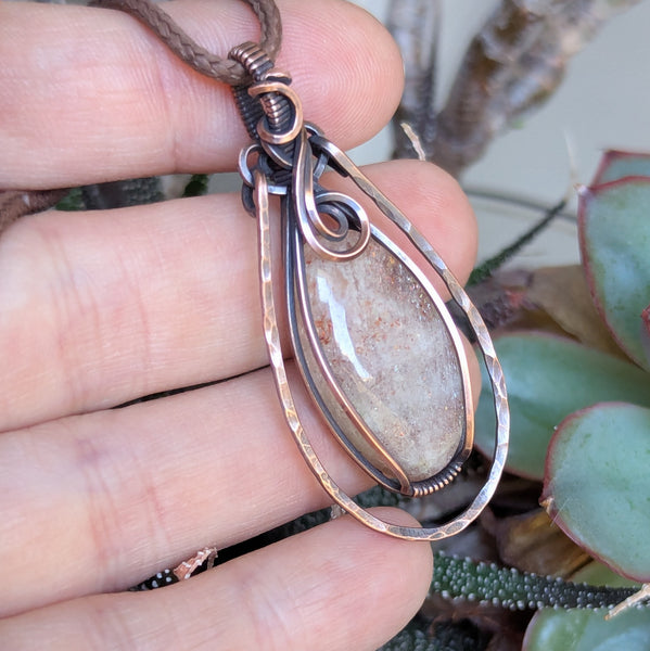 Confetti Sunstone Wire Wrapped Pendant in Oxidized Copper
