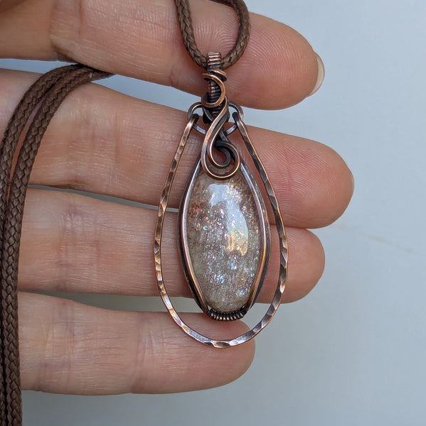 Confetti Sunstone Wire Wrapped Pendant in Oxidized Copper