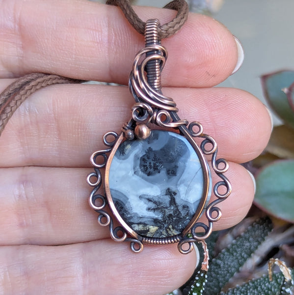 Maligano Jasper Wire Wrapped Oxidized Copper Pendant