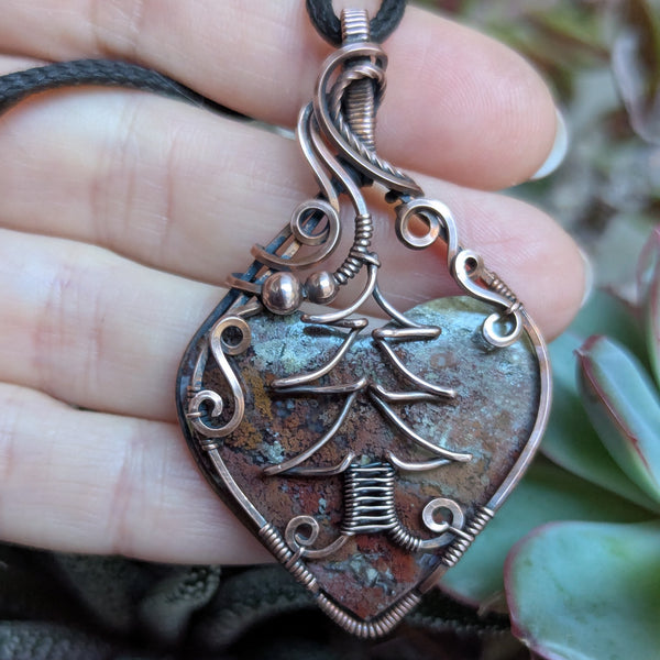 Moss Agate Heart Wire Wrapped Oxidized Copper Pendant