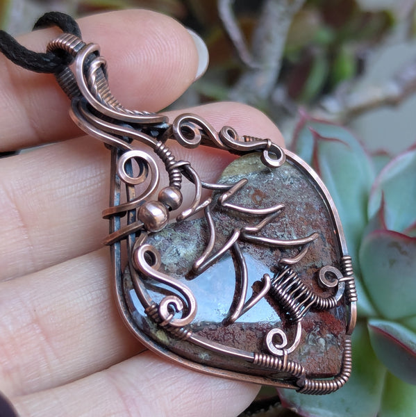 Moss Agate Heart Wire Wrapped Oxidized Copper Pendant