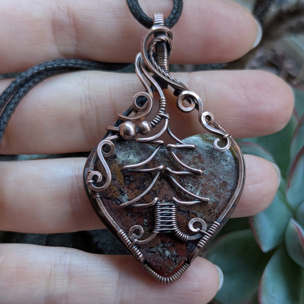 Moss Agate Heart Wire Wrapped Oxidized Copper Pendant