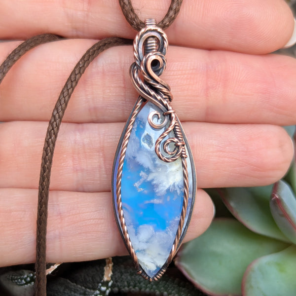 Plume Agate Doublet Wire Wrapped Oxidized Copper Pendant