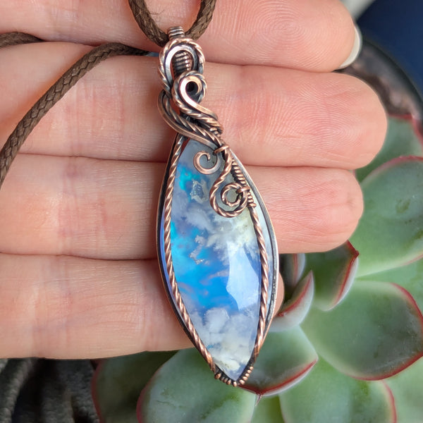 Plume Agate Doublet Wire Wrapped Oxidized Copper Pendant