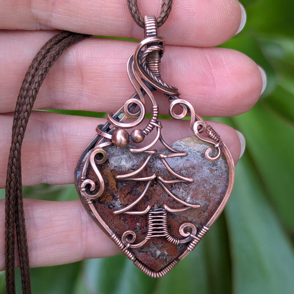 Moss Agate Heart Wire Wrapped Oxidized Copper Pendant