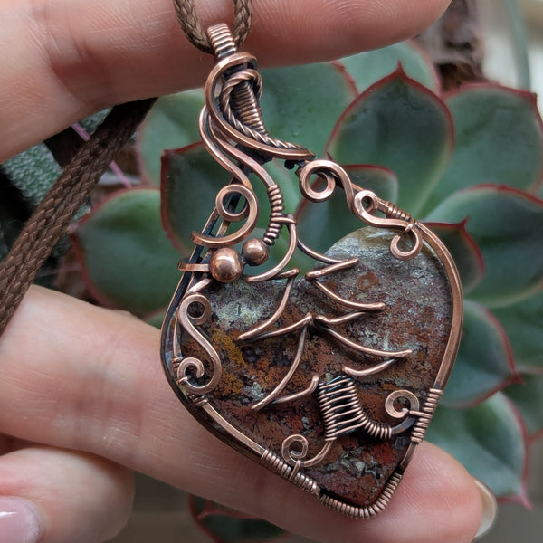 Moss Agate Heart Wire Wrapped Oxidized Copper Pendant