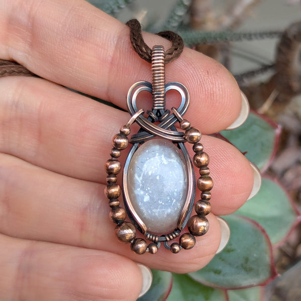 Grey Moonstone Wire Wrapped Oxidized Copper Pendant