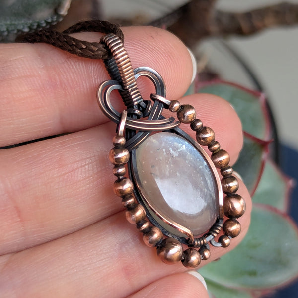 Grey Moonstone Wire Wrapped Oxidized Copper Pendant